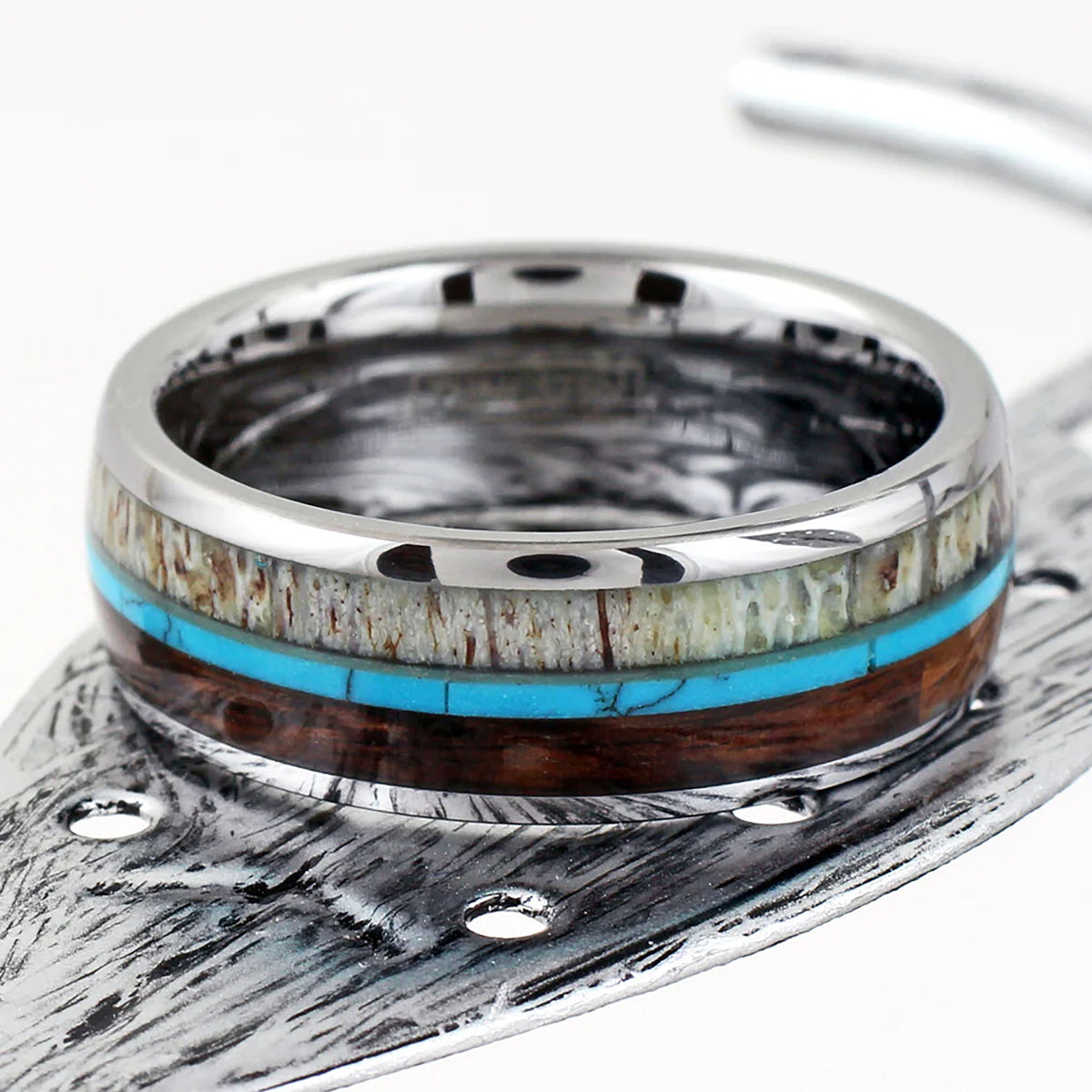 Deer Antler and Koa Wood Silver Tungsten Ring Front View