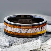 Deer Antler and Whiskey Barrel Oak Wood Tungsten Ring Flat View
