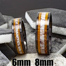 Deer Antler and Whiskey Barrel Oak Wood Tungsten Ring Width Examples