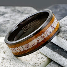 Deer Antler and Whiskey Barrel Oak Wood Tungsten Ring Tilt View