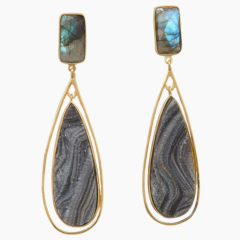 Desert Druzy and Labradorite Gold Earrings