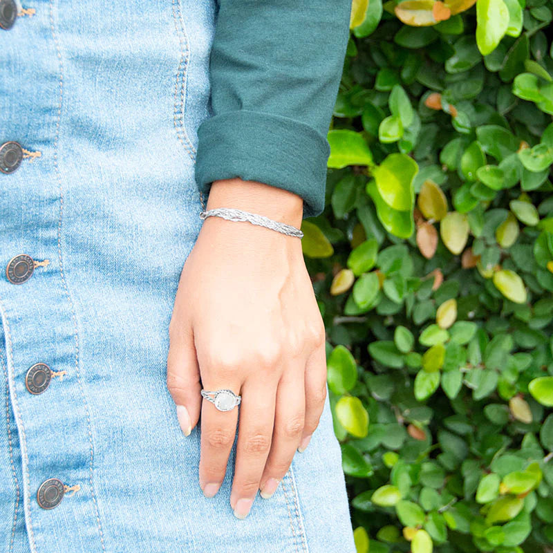 Double Band Rainbow Moonstone Ring On Hand