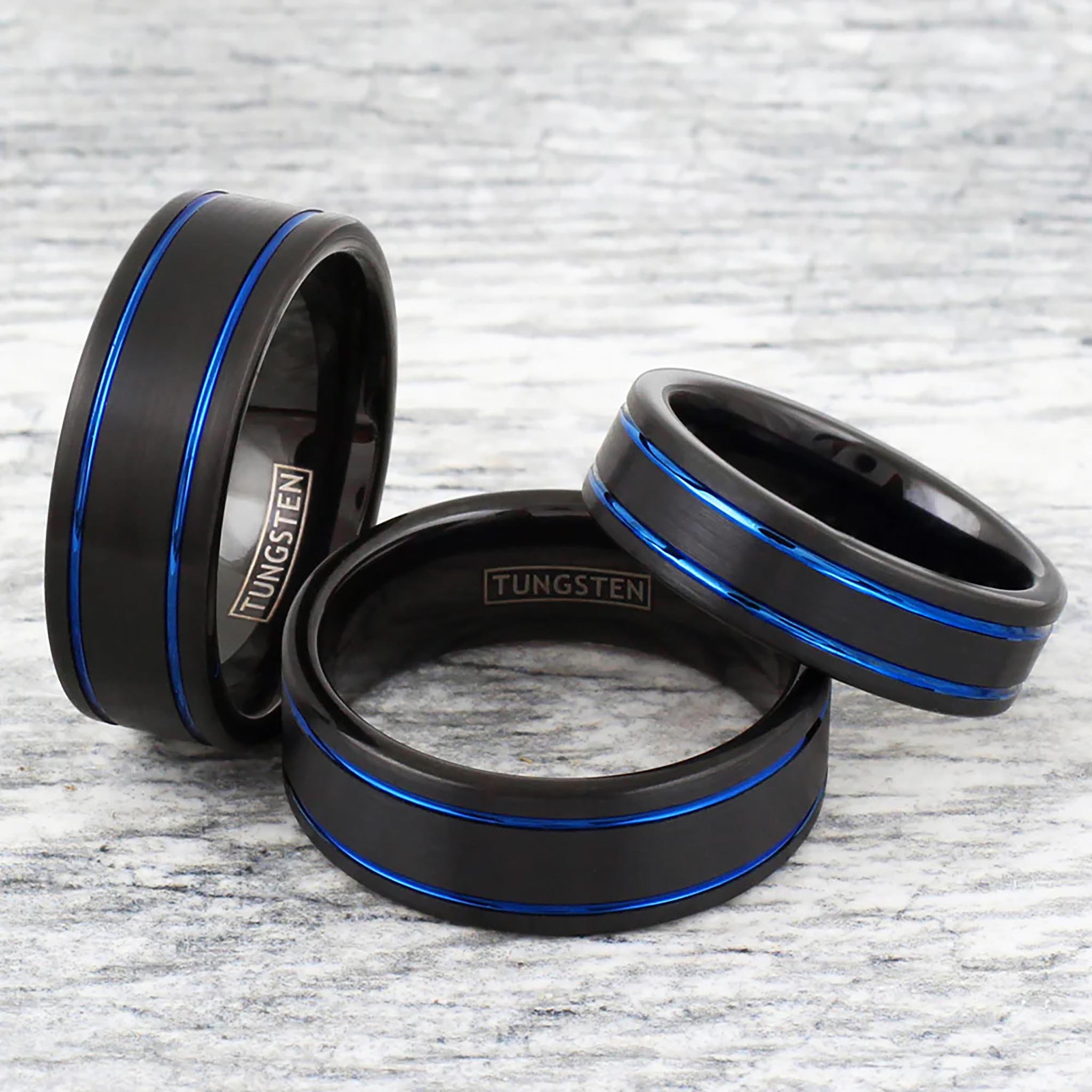 Dual Blue Striped Black Tungsten Ring Example