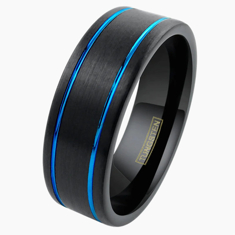 Dual Blue Striped Black Tungsten Ring