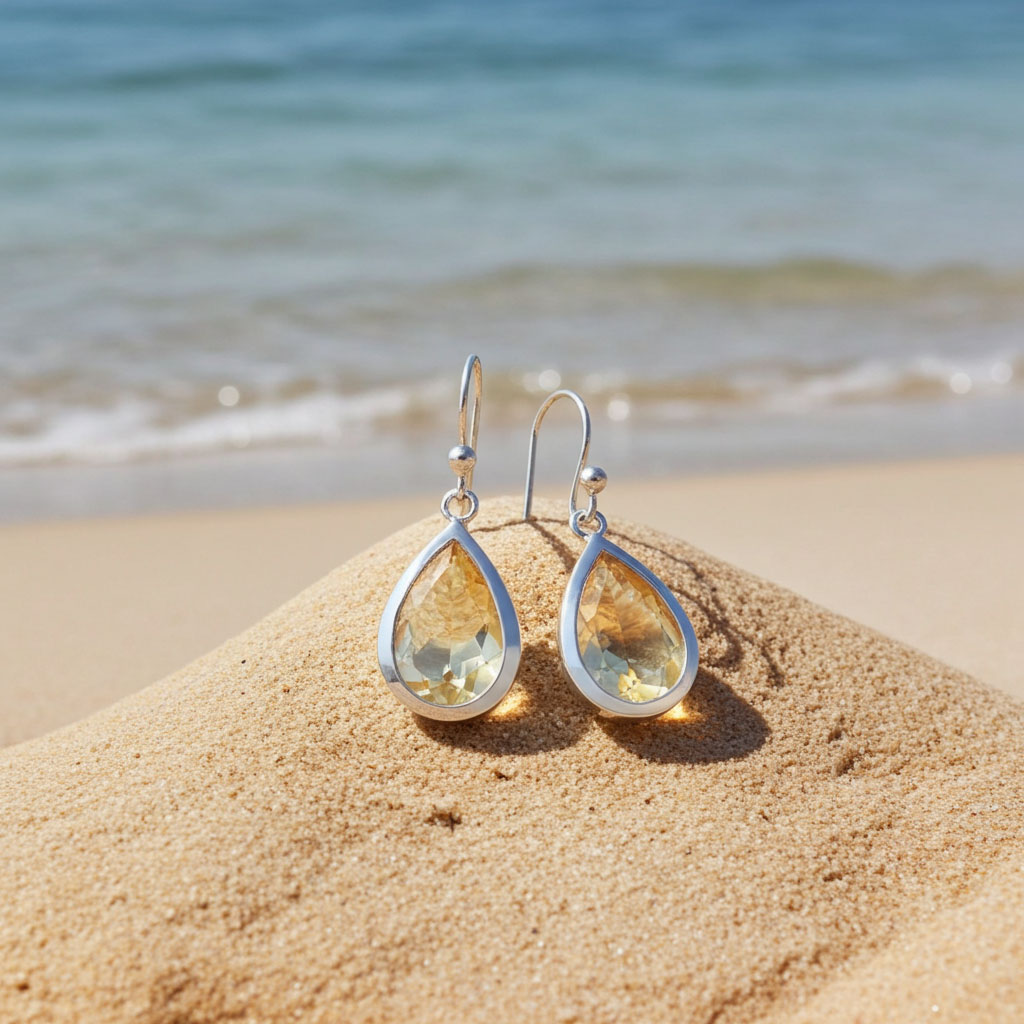 Faceted Pear Shape Citrine Earrings on Beach Display