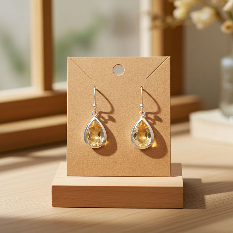 Faceted Pear Shape Citrine Earrings on Earring Card