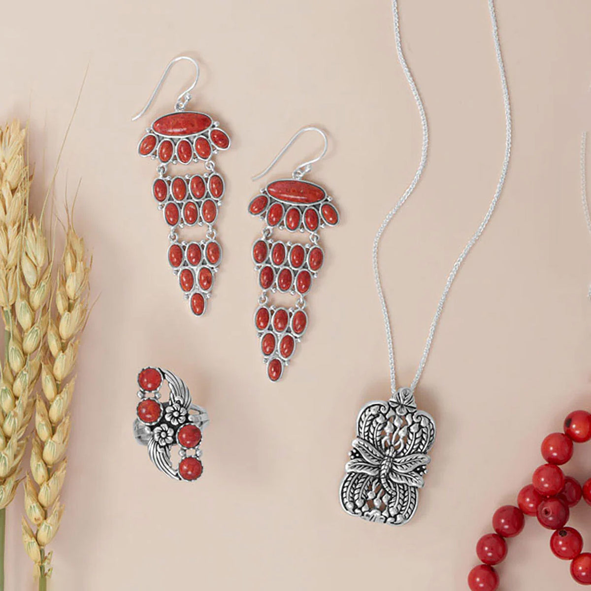 Floral Design Red Coral Ring Example