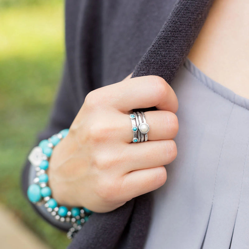 Freshwater Pearl and Turquoise Ring On Hand