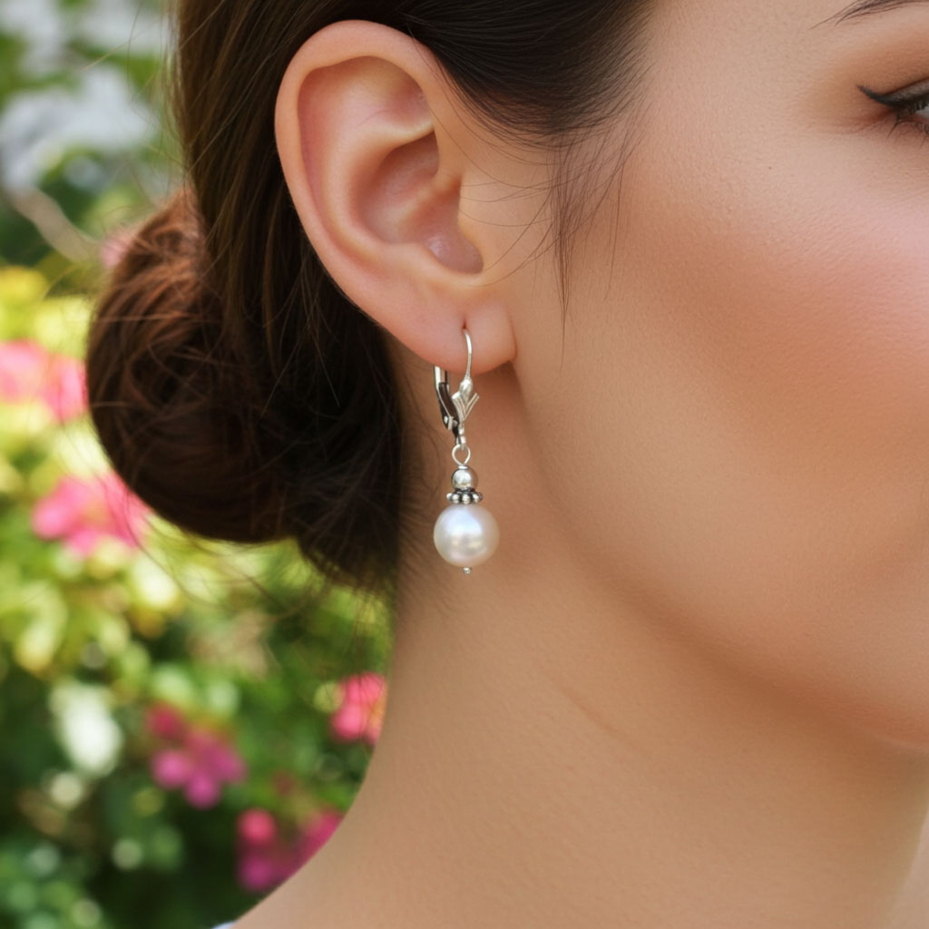 Freshwater Pearl Bali Bead Earrings on Ear