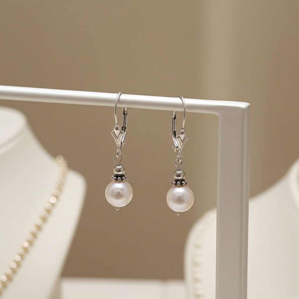 Freshwater Pearl Bali Bead Earrings on Tbar Display