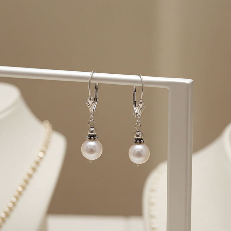 Freshwater Pearl Bali Bead Earrings on Tbar Display