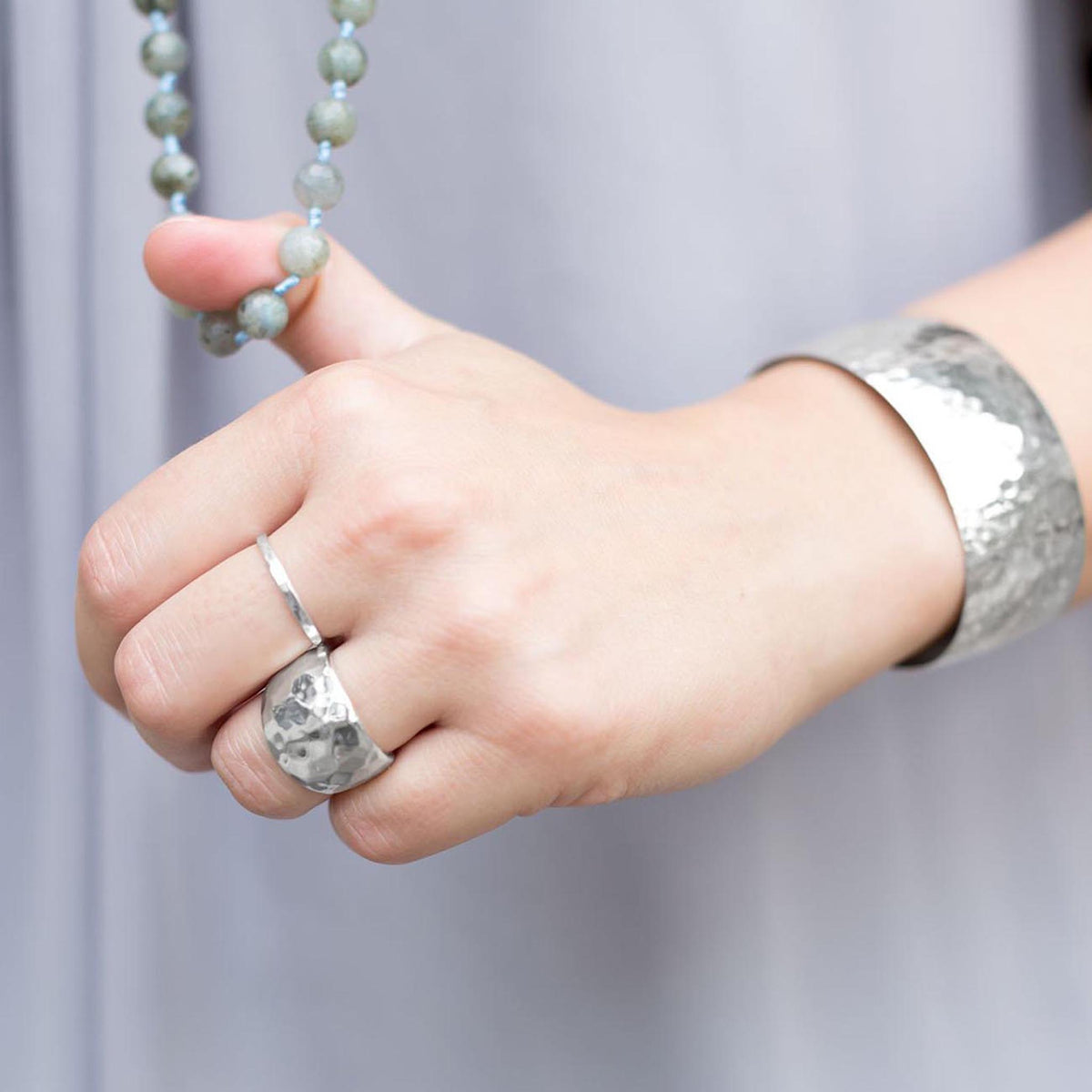 Hammered 2mm Silver Ring On Hand