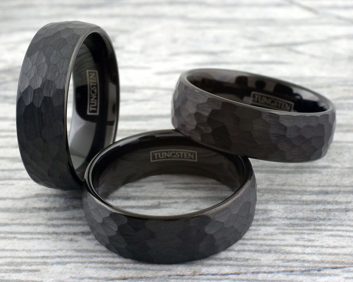 Hammered Finish Black Tungsten Ring Set View