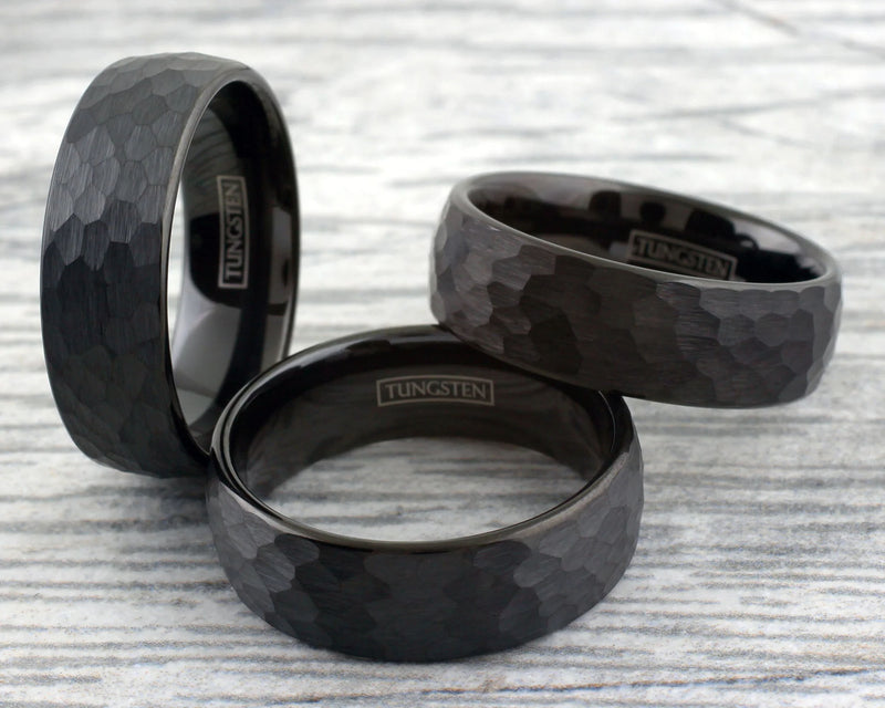 Hammered Finish Black Tungsten Ring Set View