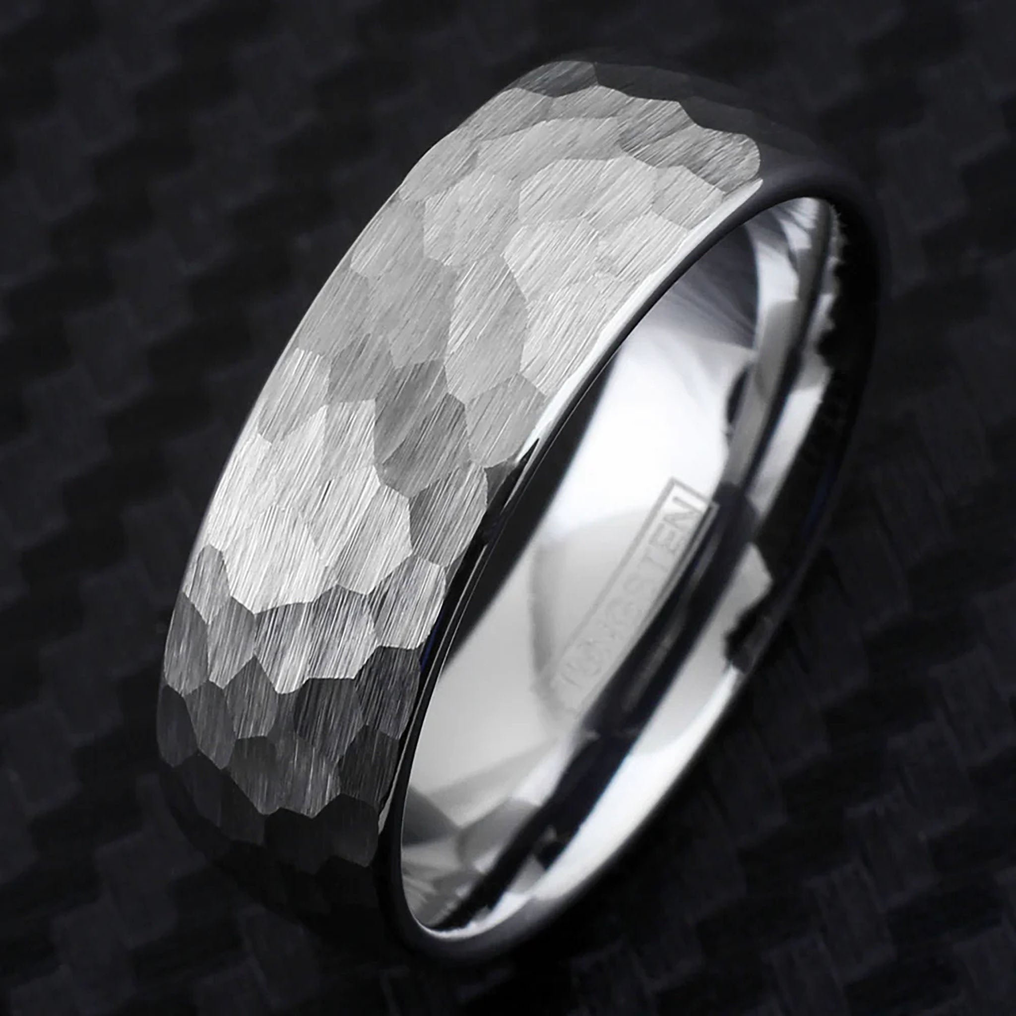 Hammered Finish Silver Tungsten Ring Top View