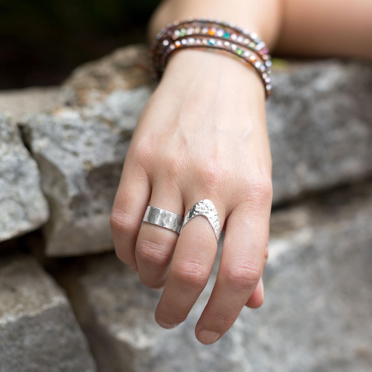 Hammered Silver V Design Ring On Hand