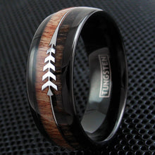 Koa Wood with Feathered Arrow Black Tungsten Ring Example