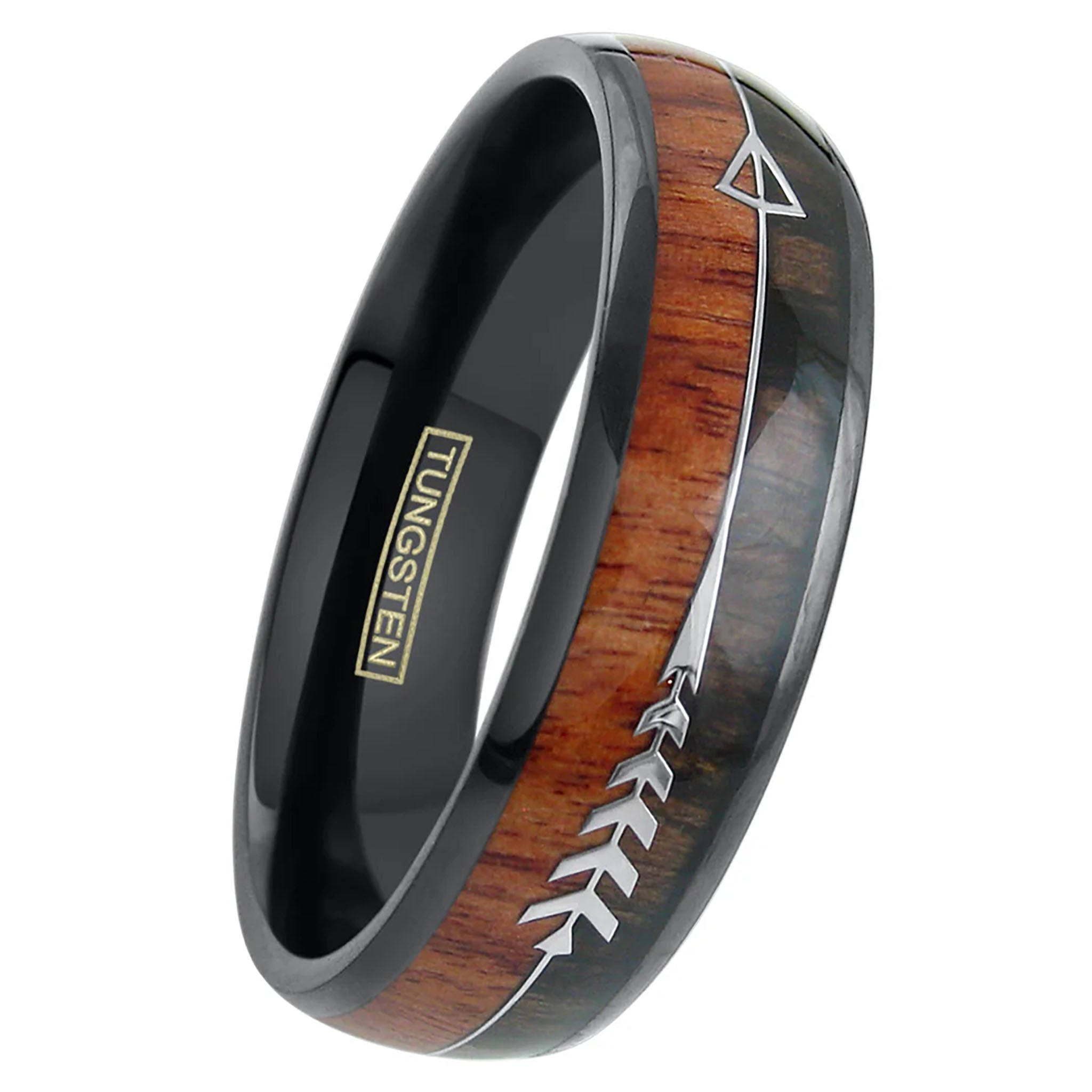 Koa Wood with Feathered Arrow Black Tungsten Ring Right View