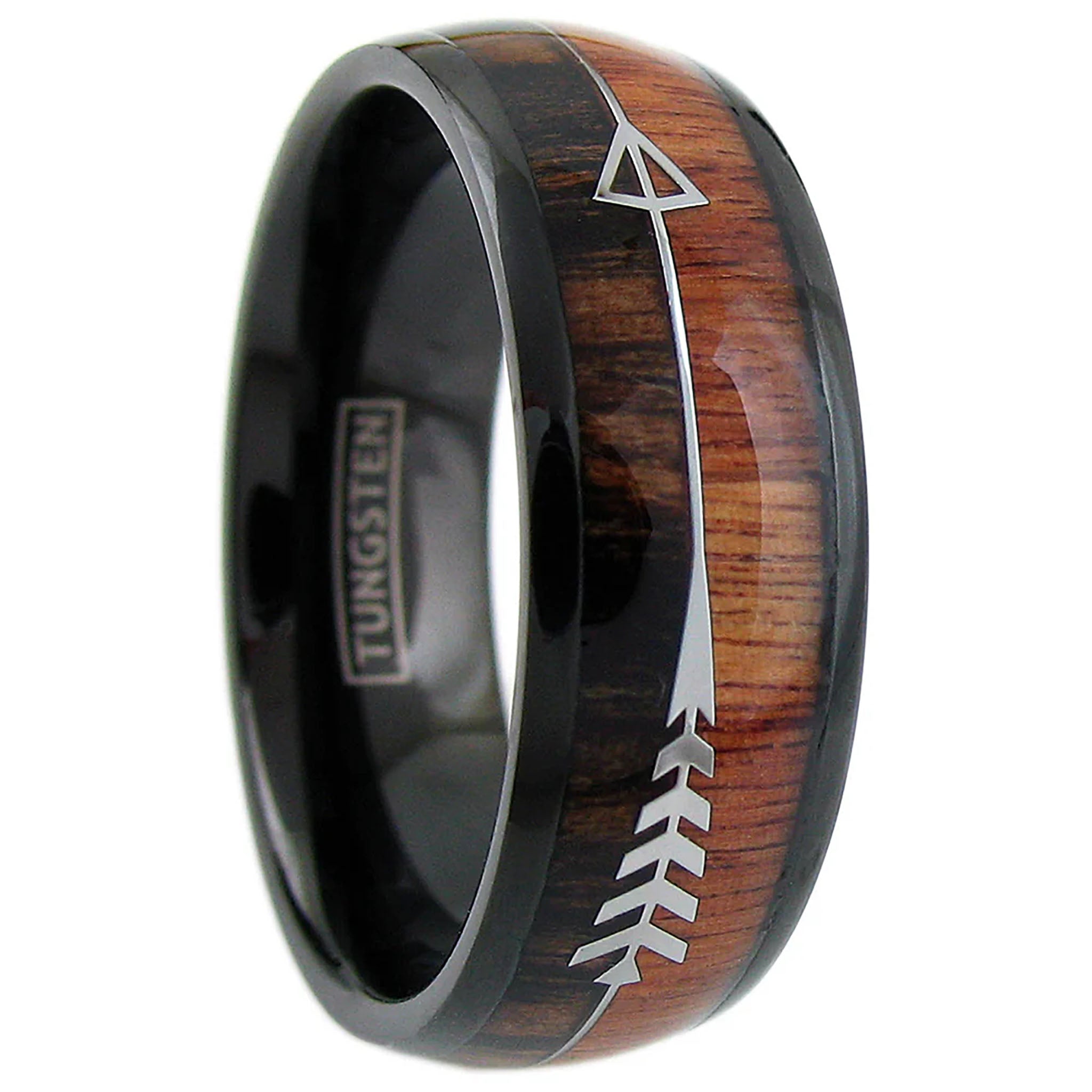 Koa Wood with Feathered Arrow Black Tungsten Ring