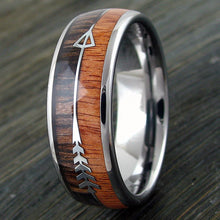 Koa Wood with Feathered Arrow Silver Tungsten Ring Example