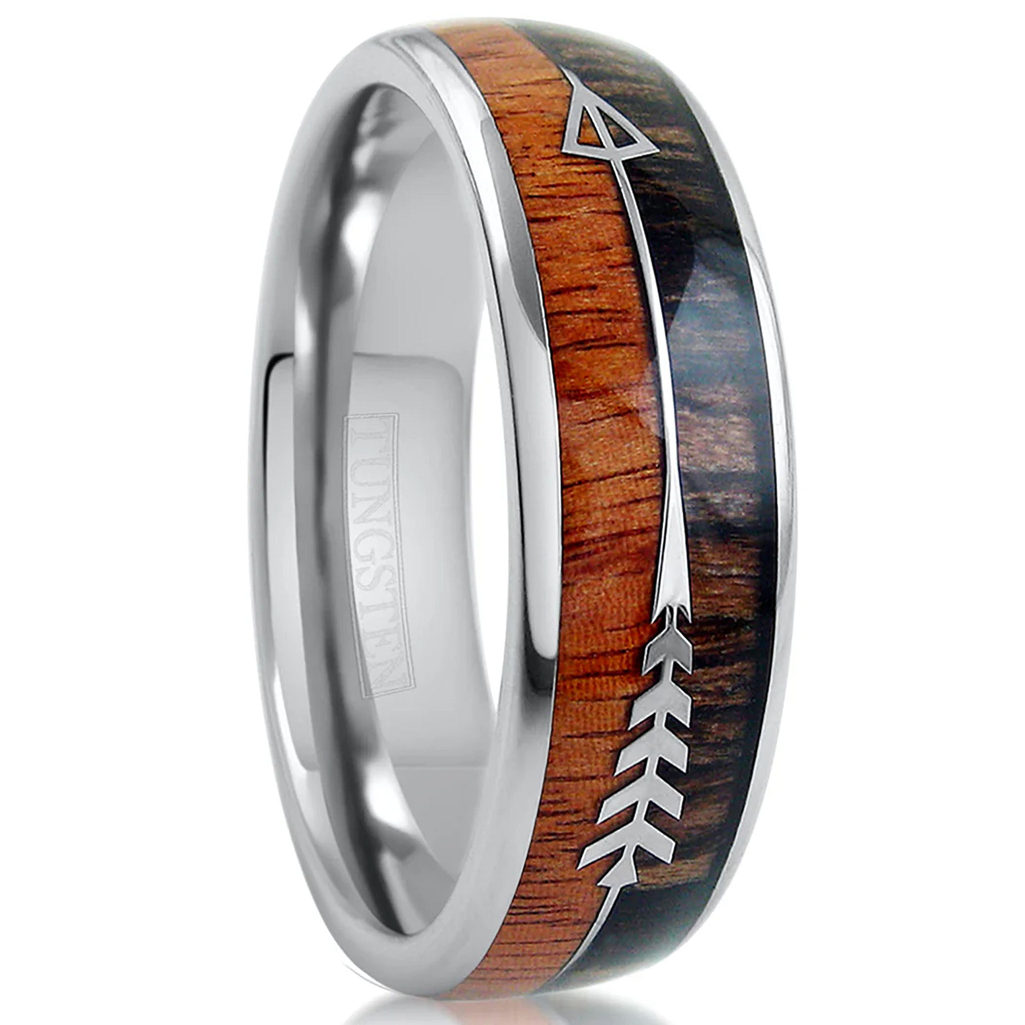 Koa Wood with Feathered Arrow Silver Tungsten Ring Right View