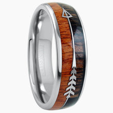 Koa Wood with Feathered Arrow Silver Tungsten Ring Right View