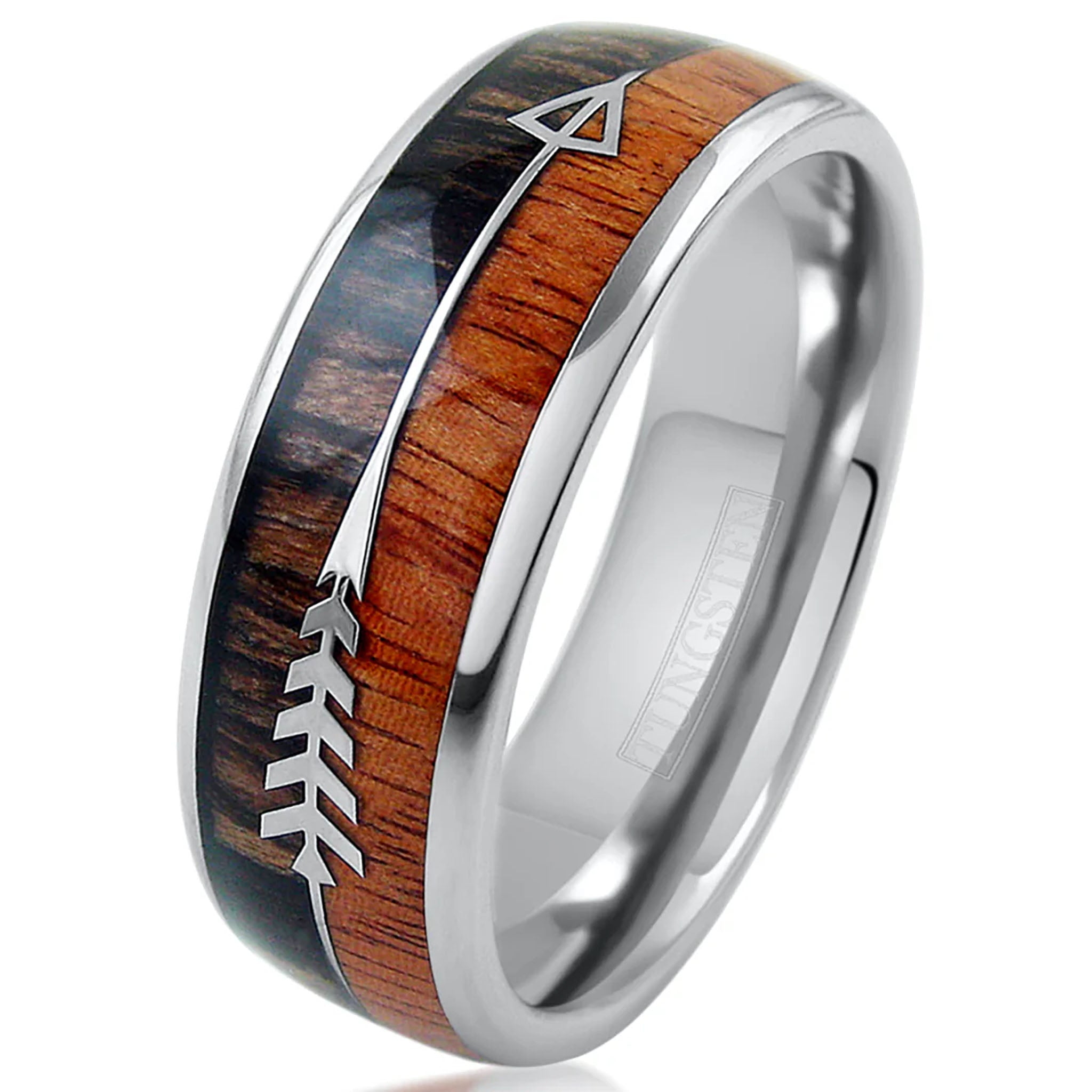 Koa Wood with Feathered Arrow Silver Tungsten Ring