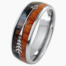 Koa Wood with Feathered Arrow Silver Tungsten Ring