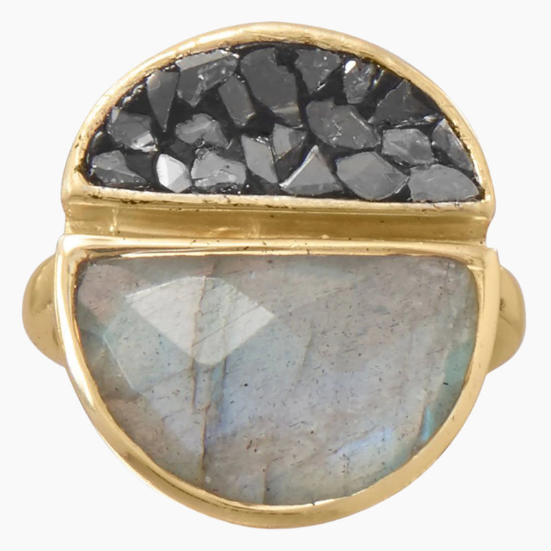 Labradorite and Diamond Chip Gold Ring