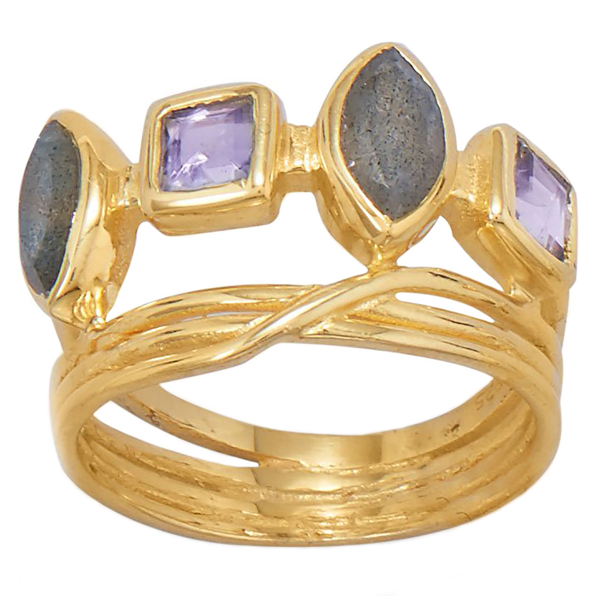 Labradorite and Purple Glass Gold Ring