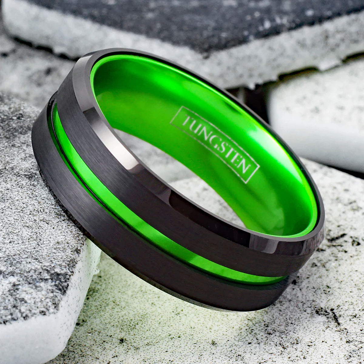 Lime Green Striped with Black Edged Tungsten Ring Left View
