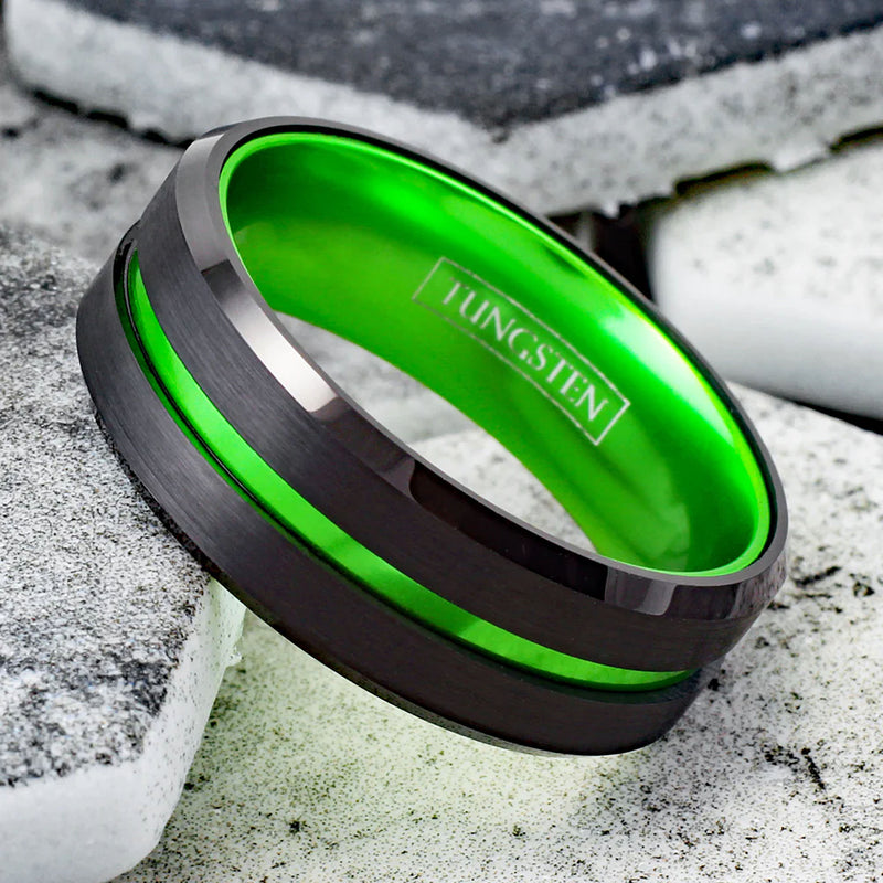 Lime Green Striped with Black Edged Tungsten Ring Left View