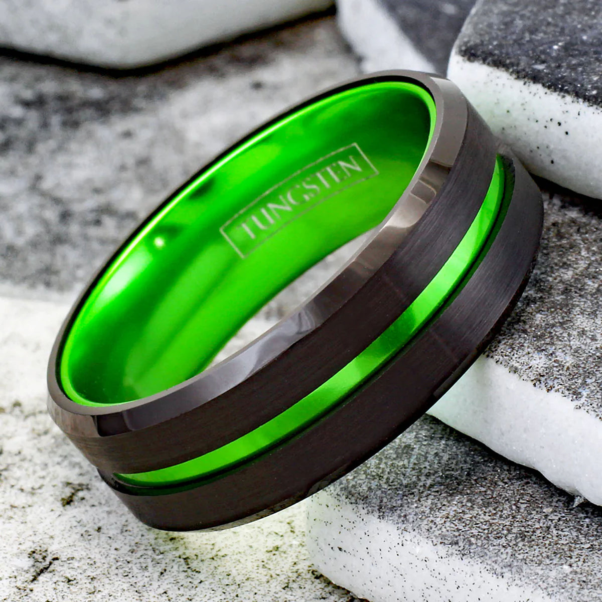 Lime Green Striped with Black Edged Tungsten Ring Right View