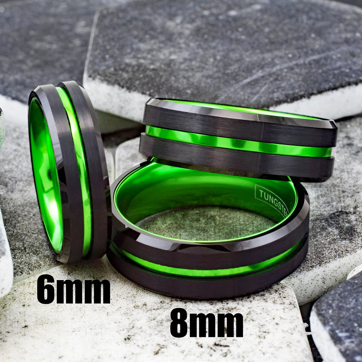 Lime Green Striped with Black Edged Tungsten Ring Size Examples