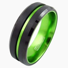 Lime Green Striped with Black Edged Tungsten Ring