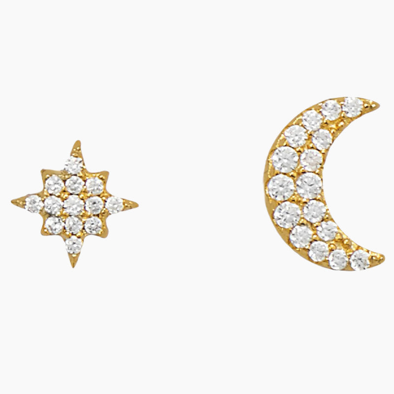 Moon and Star Zirconia Gold Stud Earrings Front View