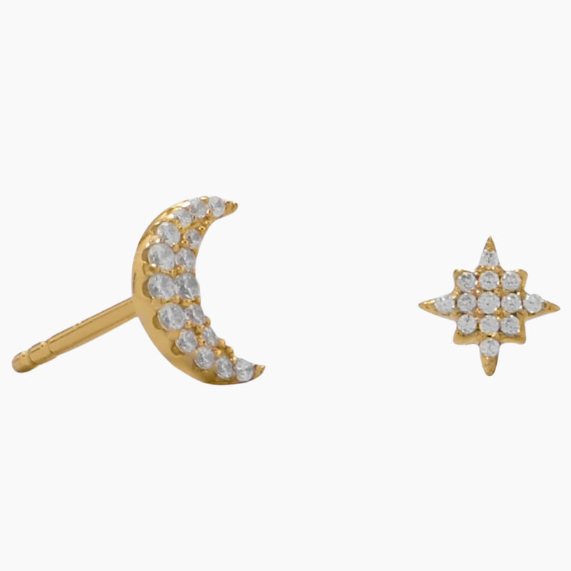 Moon and Star Zirconia Gold Stud Earrings