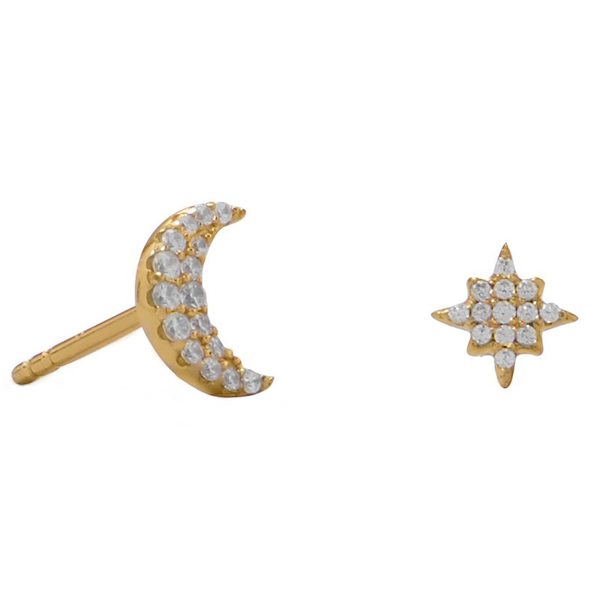 Moon and Star Zirconia Gold Stud Earrings