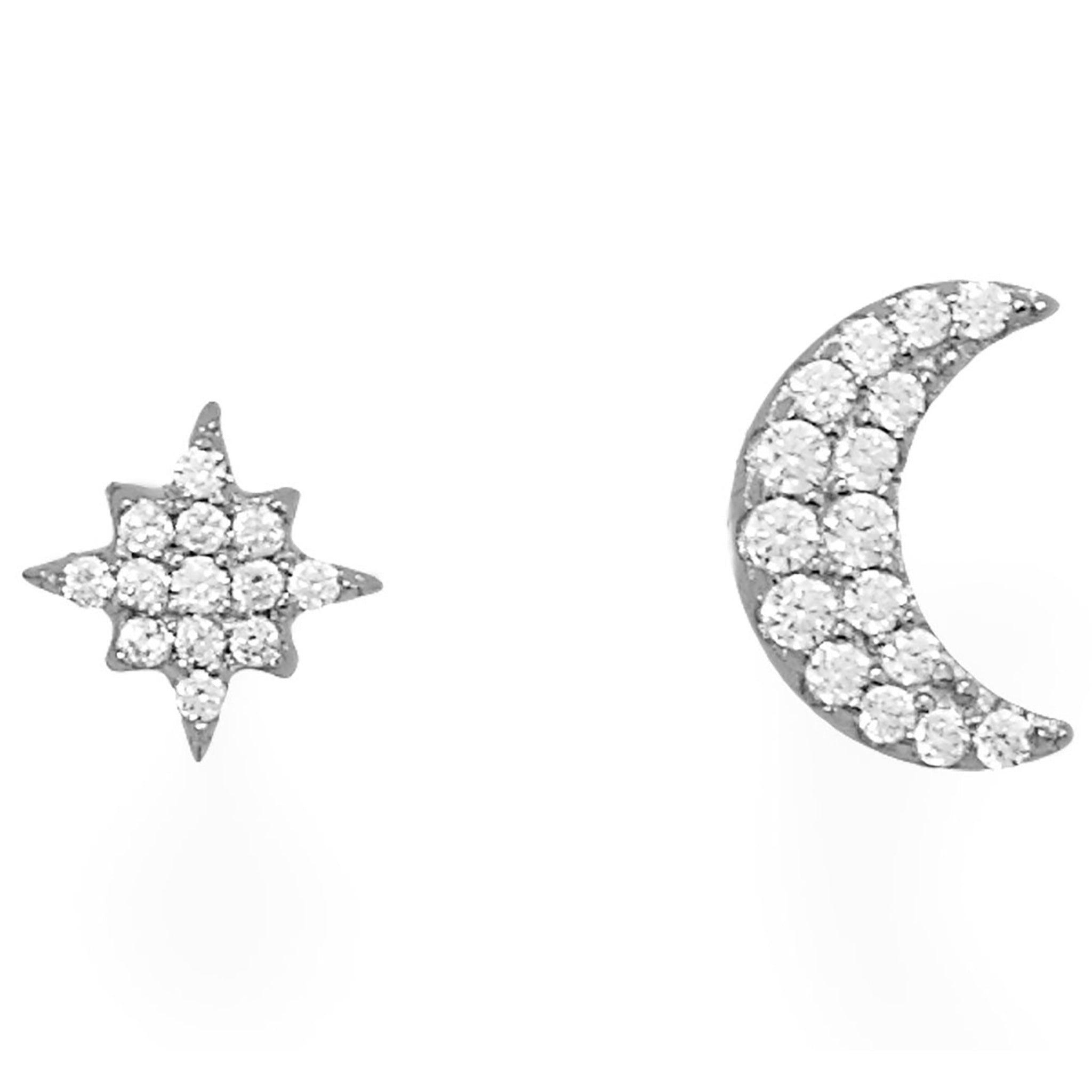 Moon and Star Zirconia Stud Earrings Front View