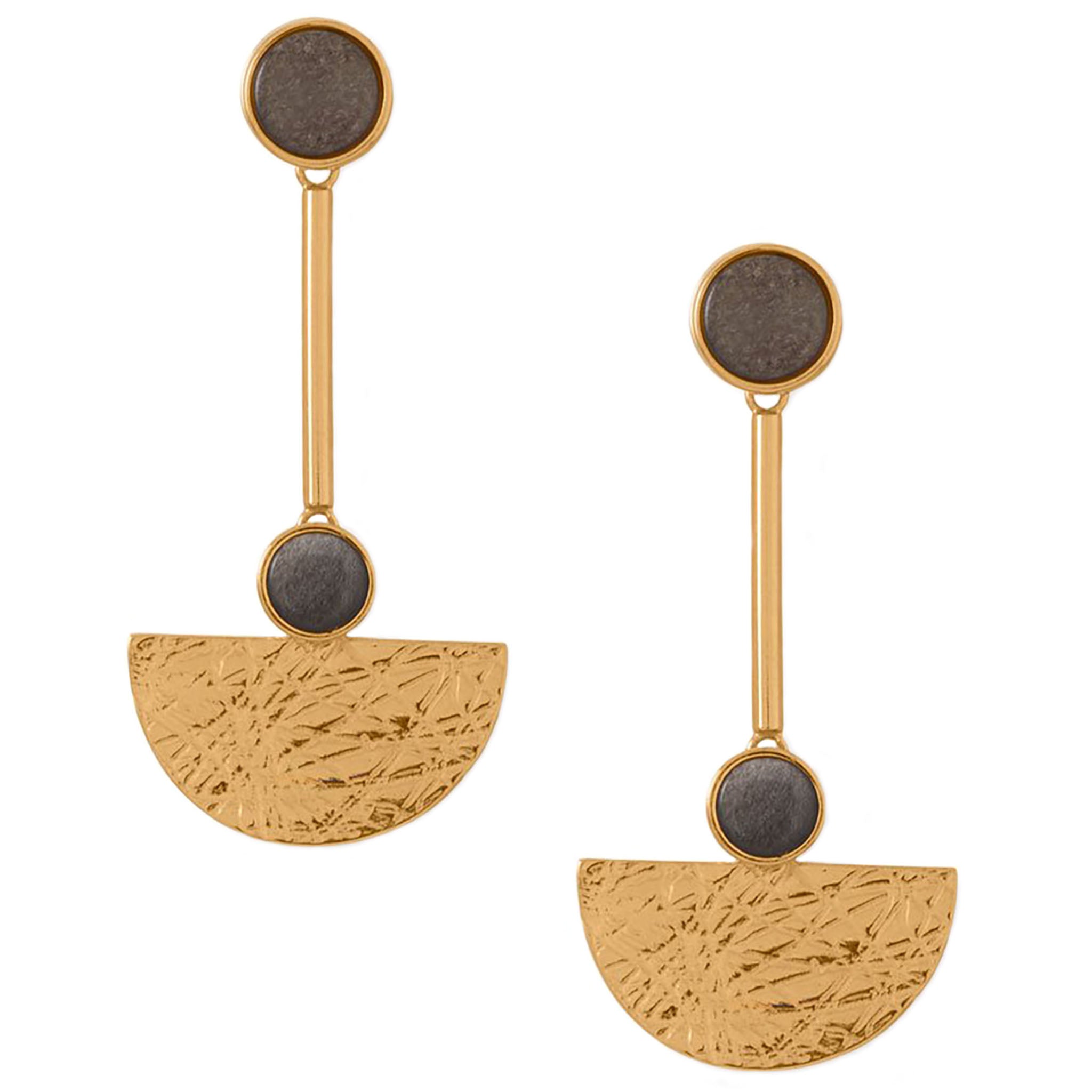 Obsidian Fan Design Gold Earrings
