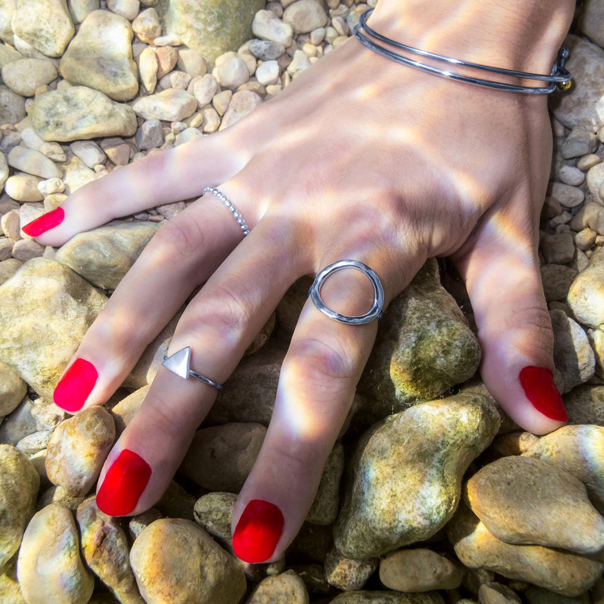 Open Circle Design Textured Ring On Hand