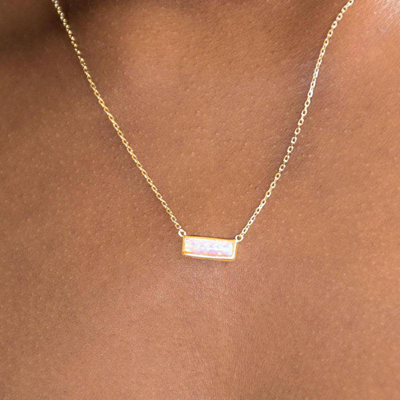Pink Opal Mini Bar Necklace on Neck