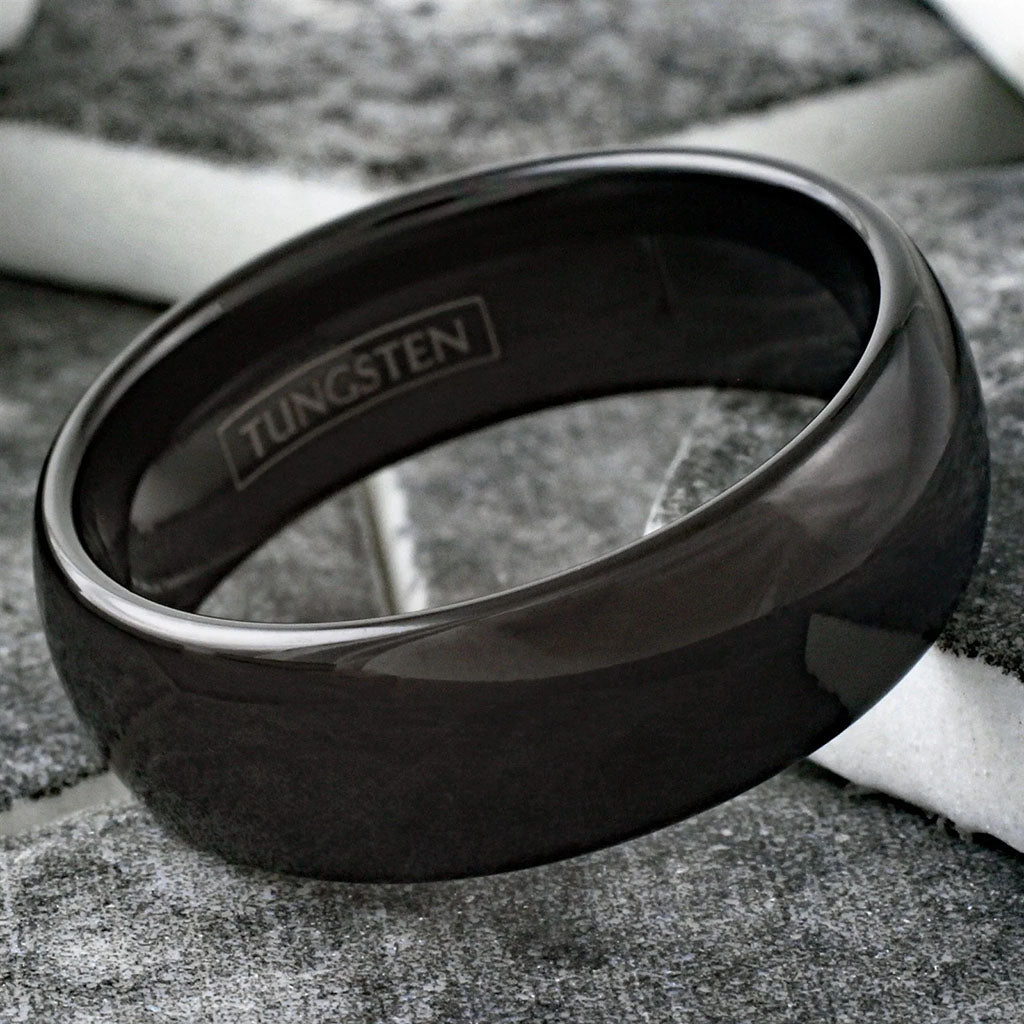 Polished Black Wedding Band Tungsten Ring Side View