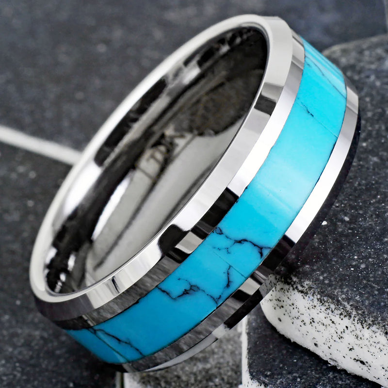 Polished Silver Turquoise Inlay Tungsten Ring Diagonal View