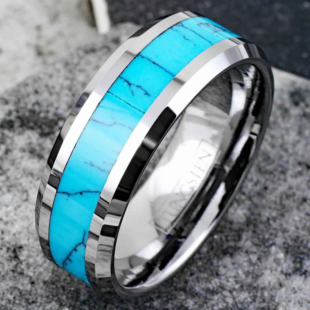 Polished Silver Turquoise Inlay Tungsten Ring Top View