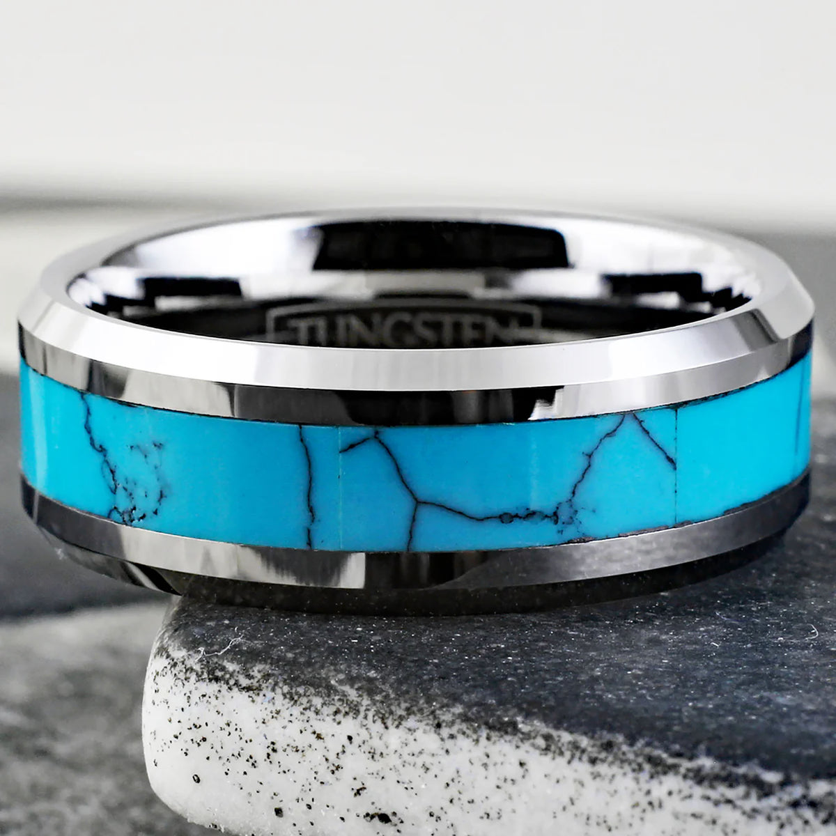 Polished Silver Turquoise Inlay Tungsten Ring Front View