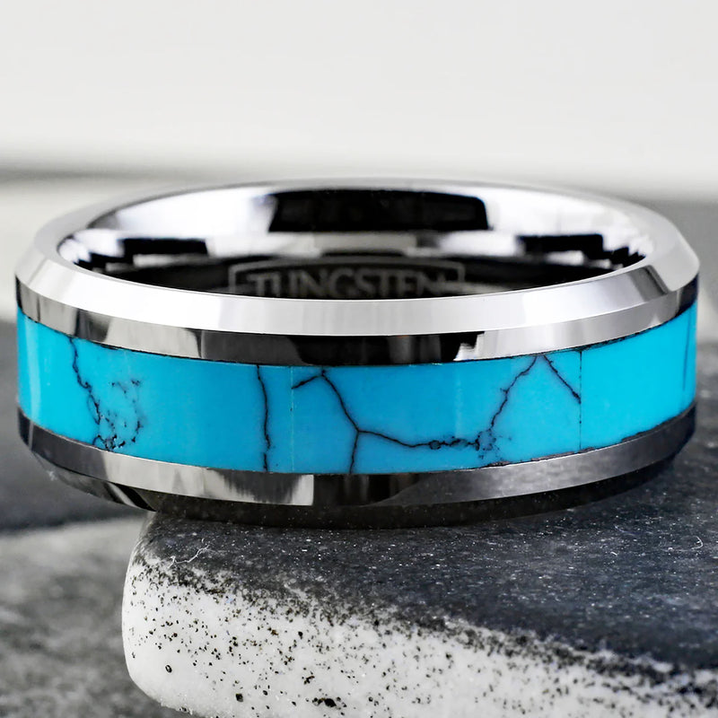 Polished Silver Turquoise Inlay Tungsten Ring Front View