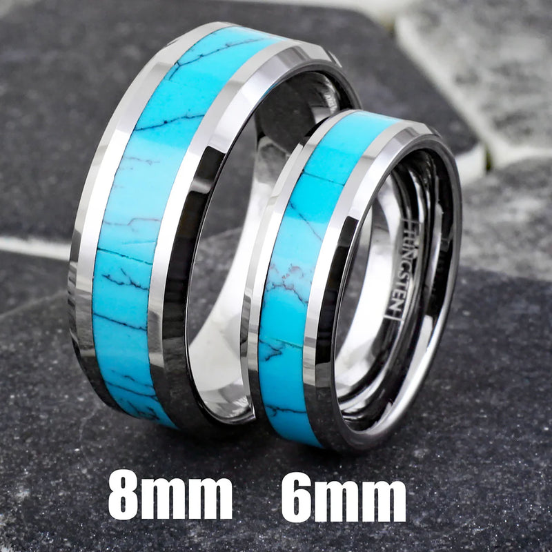 Polished Silver Turquoise Inlay Tungsten Ring Size View