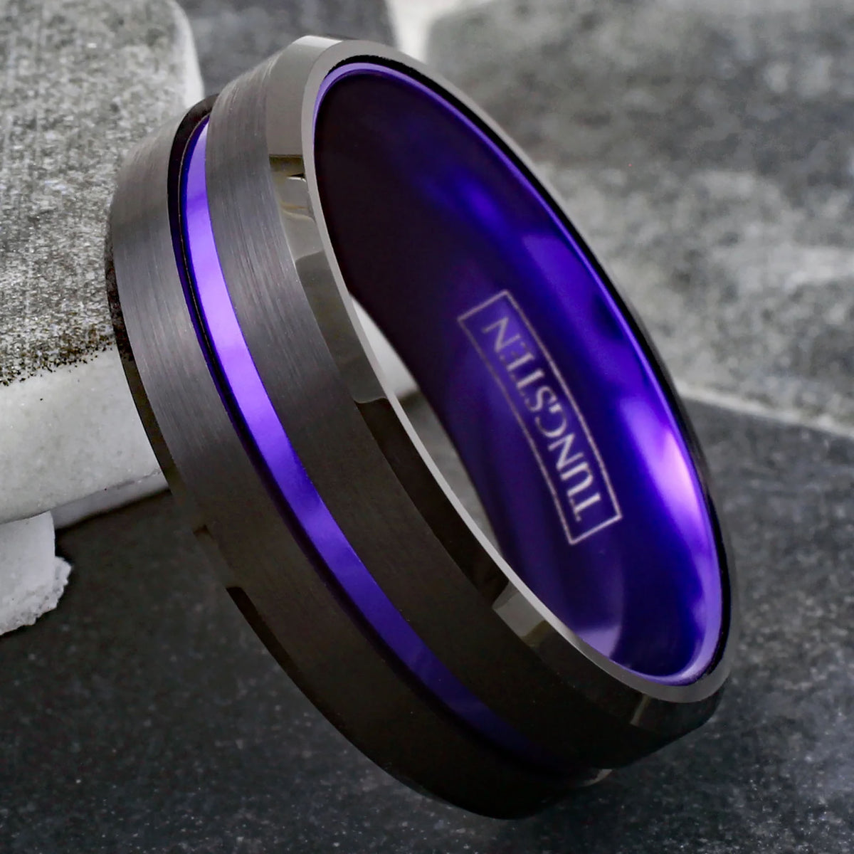 Purple Striped with Black Edged Tungsten Ring Side View