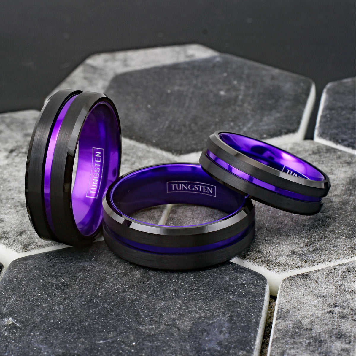 Purple Striped with Black Edged Tungsten Ring Group Example